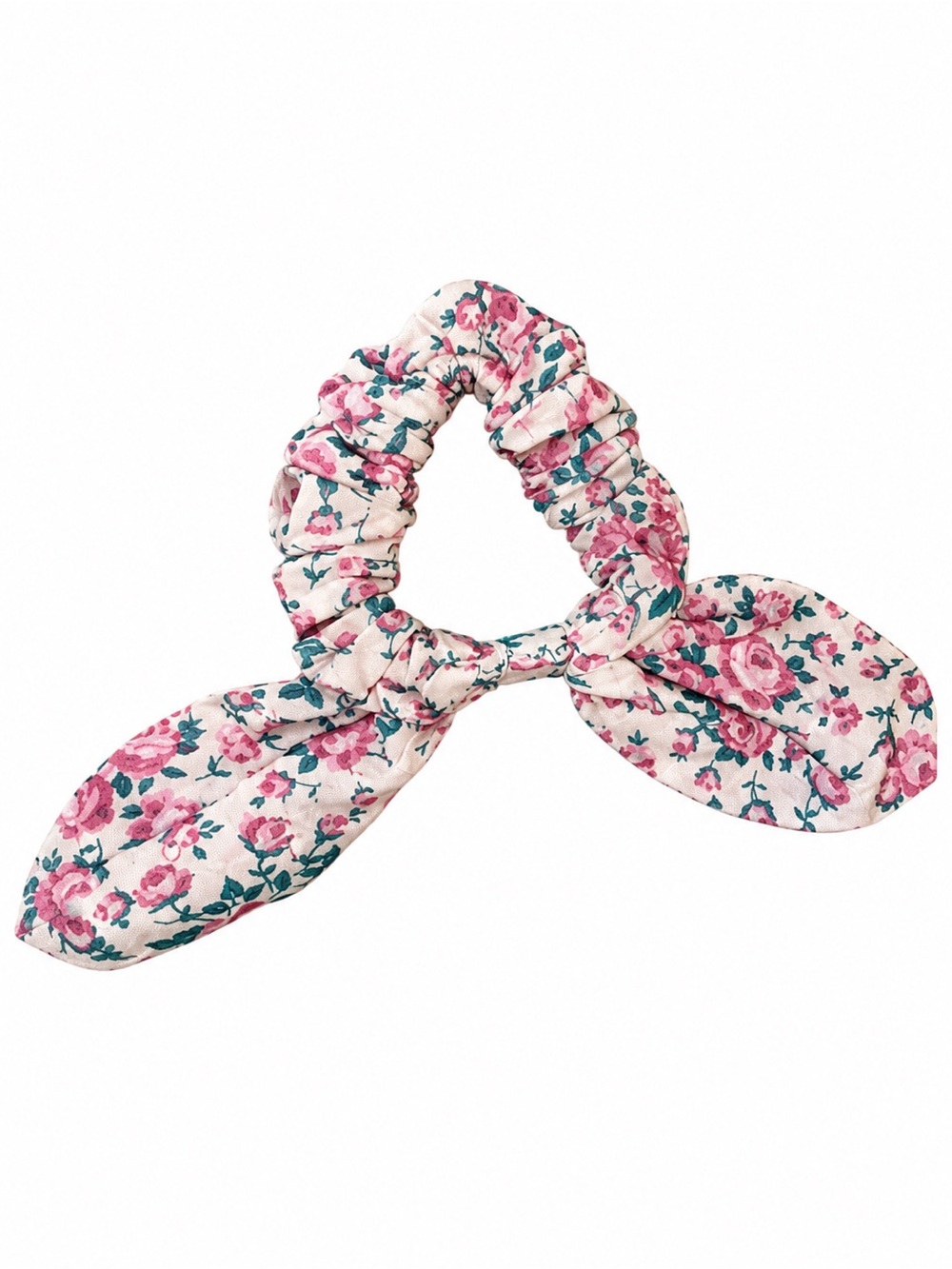 LoveShackFancy Pink Floral Bow Scrunchie with Green Accents